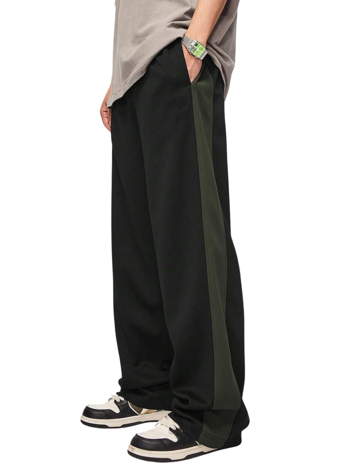 SnatchStyle GRECIILOOKS men's loose mid-rise casual track pants in black, featuring a relaxed fit and sporty style.