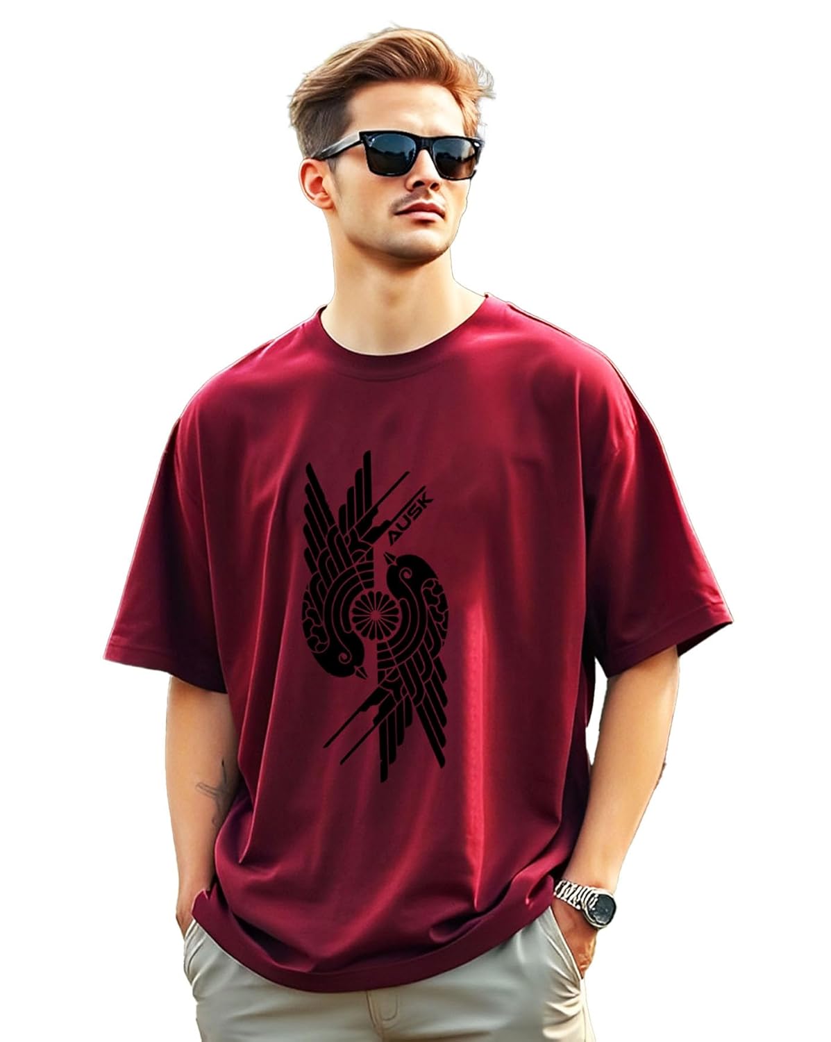 SnatchStyle men's loose fit oversized printed cotton T-shirt with half sleeves and drop shoulder design.