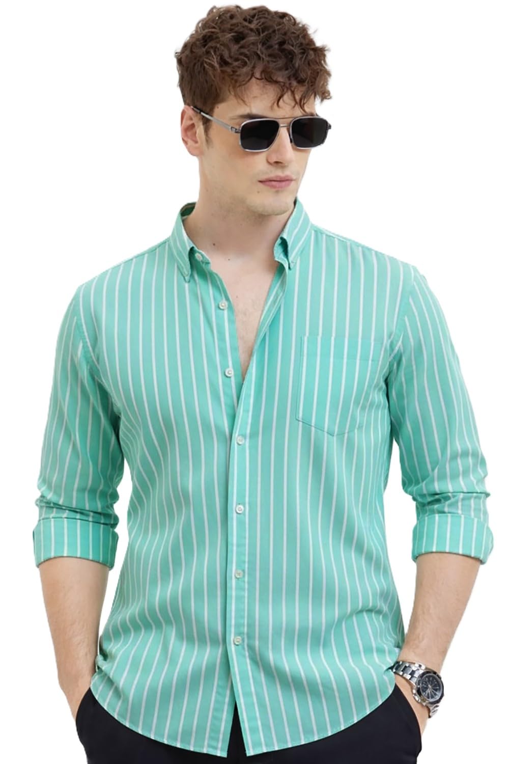 SnatchStyle men's casual printed striped formal shirt with stylish design, featuring a button-down collar and long sleeves.