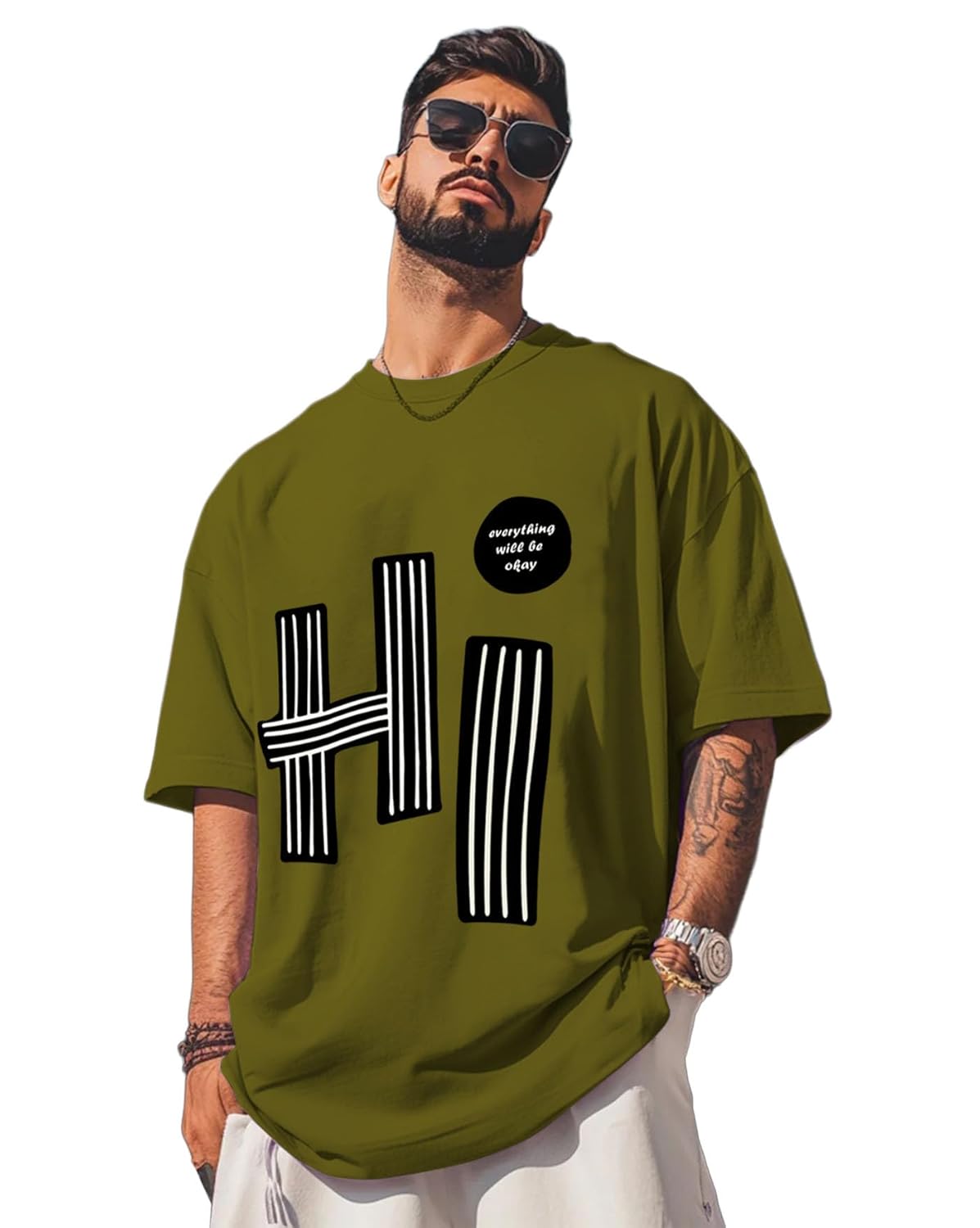 Loose fit SnatchStyle men's oversized printed cotton T-shirt with half sleeves and drop shoulder design.