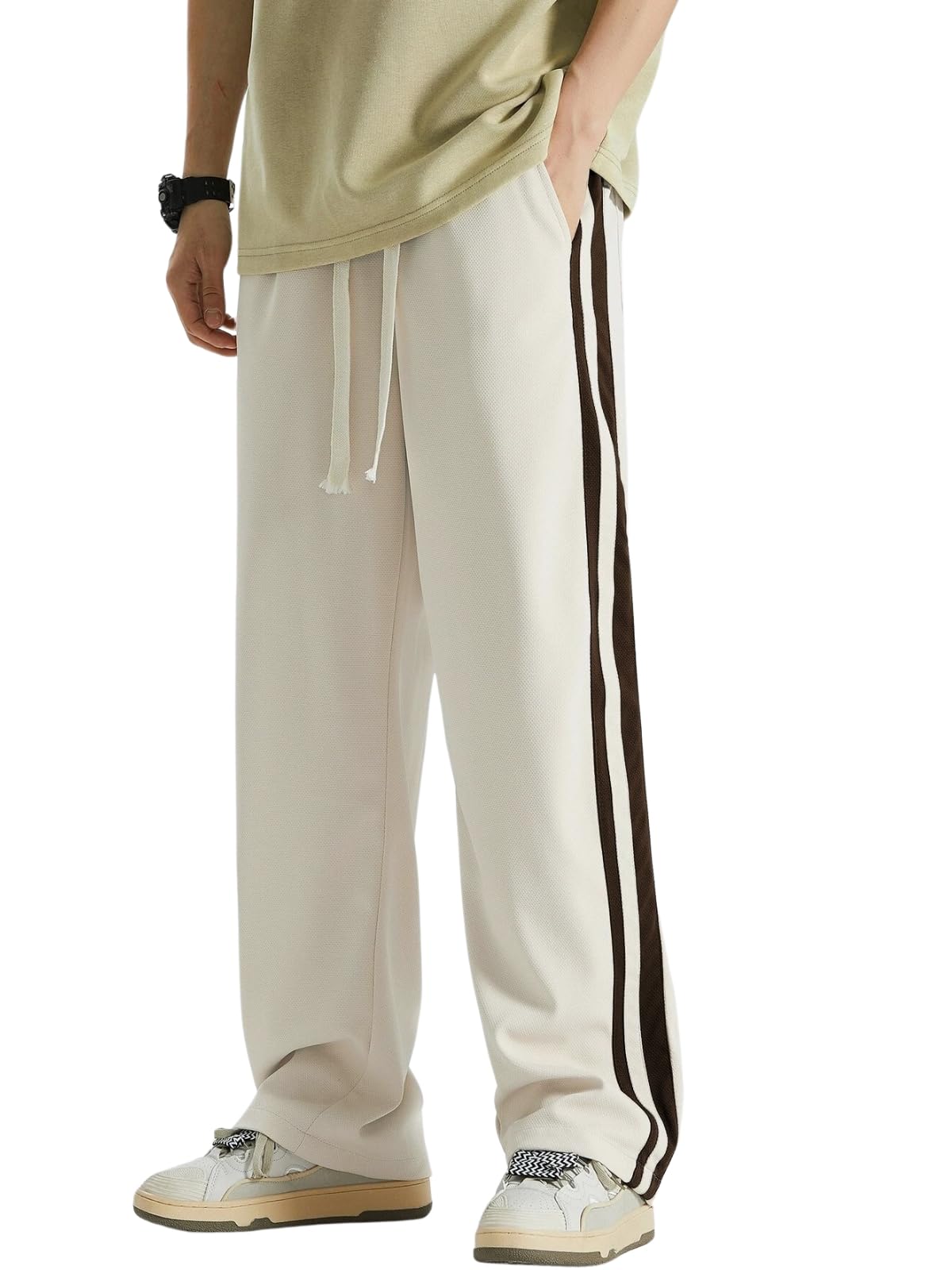 SnatchStyle GRECIILOOKS men's loose mid-rise casual track pants, sports-style sweatpants, shown in plus size on a model.