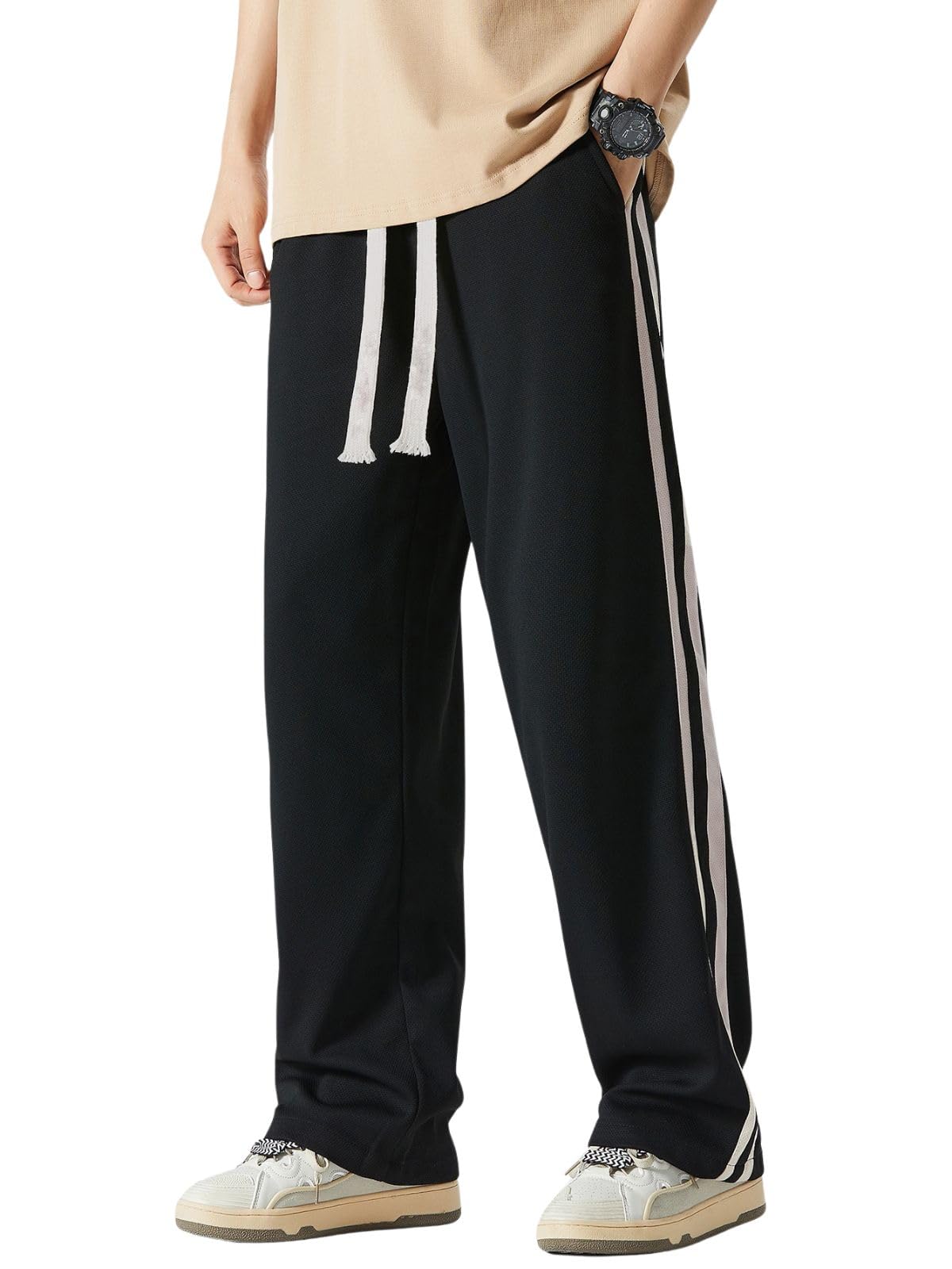 SnatchStyle GRECIILOOKS men's loose mid-rise casual track pants, sports stylish sweatpants in various sizes, shown in black with relaxed fit.