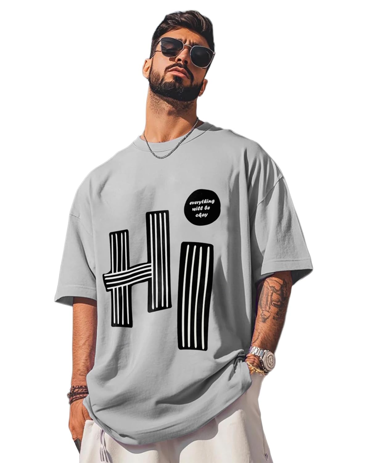 SnatchStyle men's loose fit oversized printed cotton T-shirt with half sleeves and drop shoulder design.