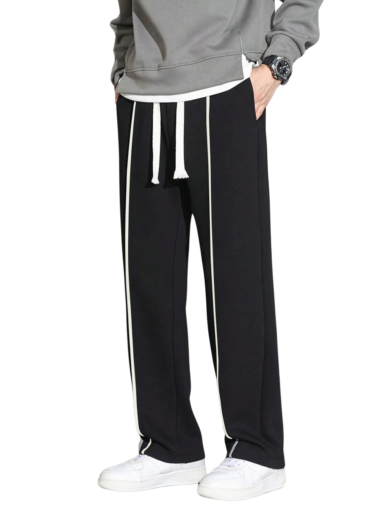SnatchStyle GRECIILOOKS men's loose mid-rise casual track pants in black, featuring a relaxed fit and sporty style.