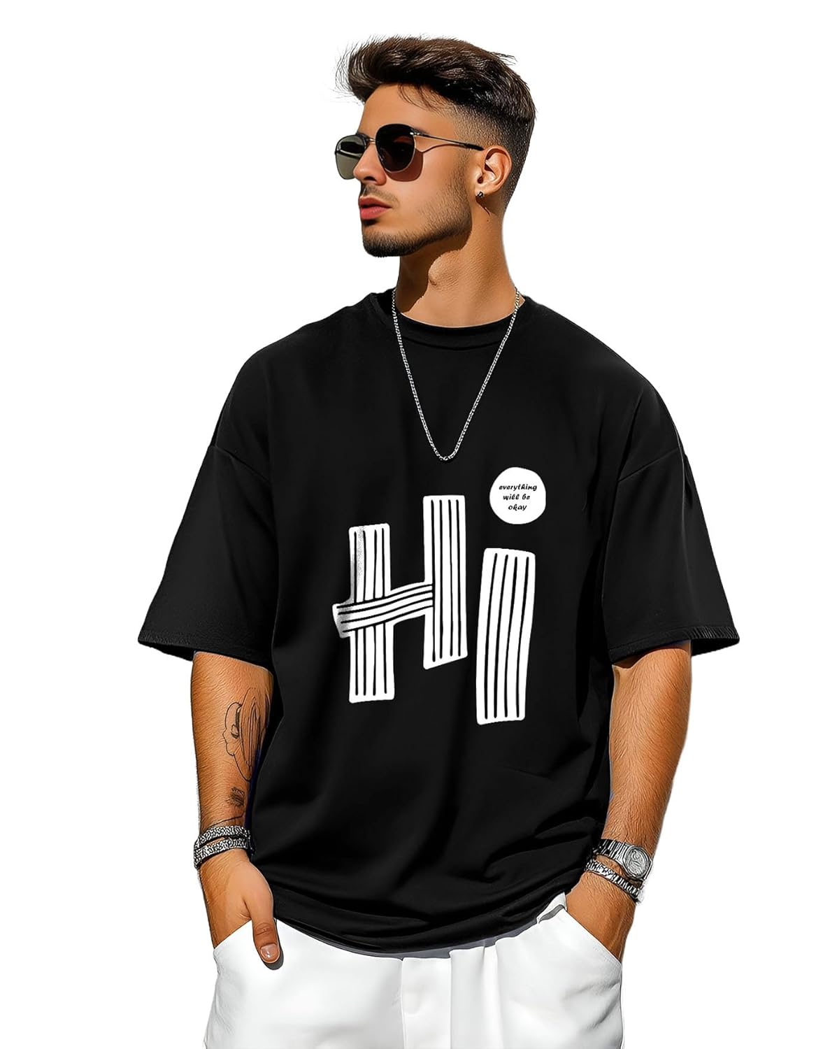 Men's loose fit oversized printed cotton T-shirt with half sleeves and drop shoulder design by SnatchStyle.