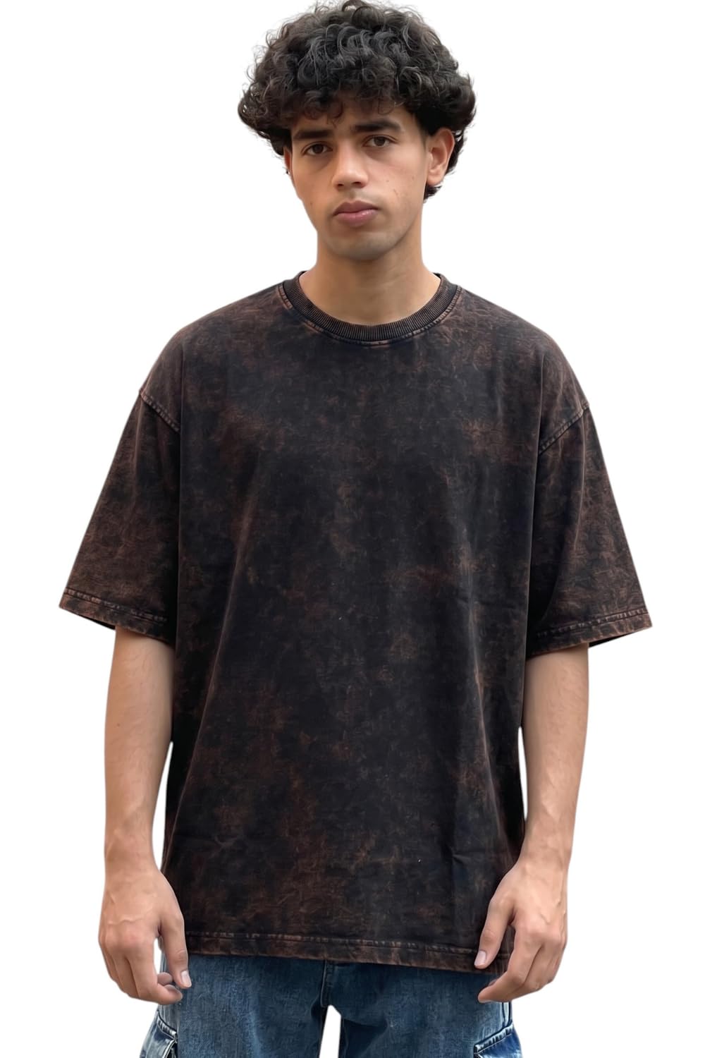 Black oversized unisex cotton T-shirt with drop shoulder design and dye wash, styled for a streetwear look.