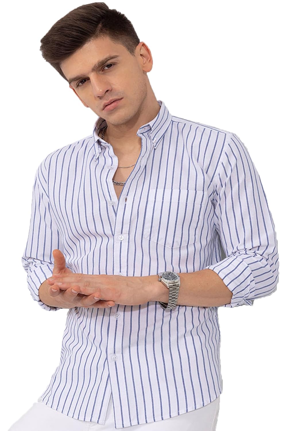 SnatchStyle men's casual printed striped formal shirt featuring stylish design and latest fashion, suitable for smart-casual wear.