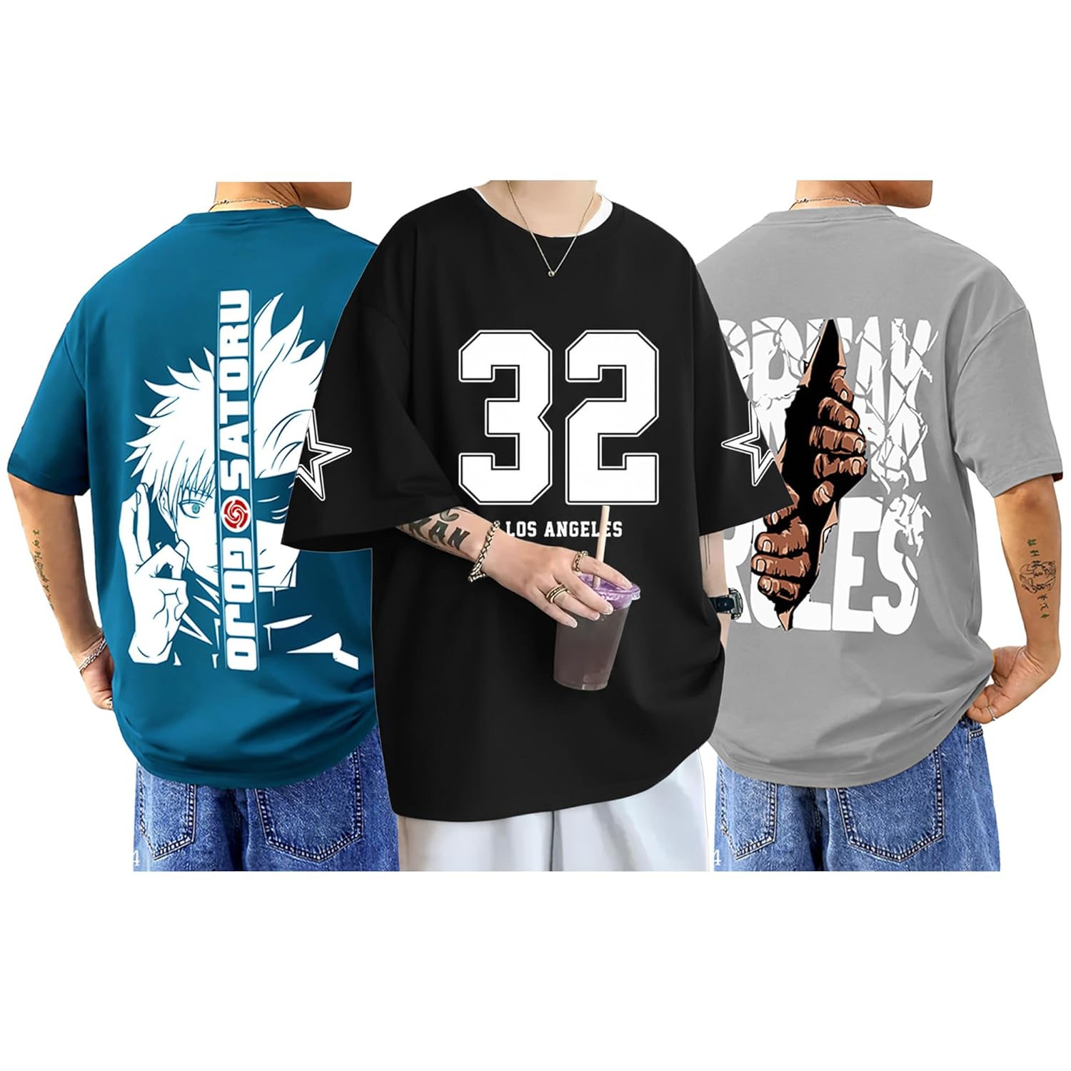 SnatchStyle men's baggy hip-hop graphic T-shirt with oversized fit and bold print, casual streetwear style.