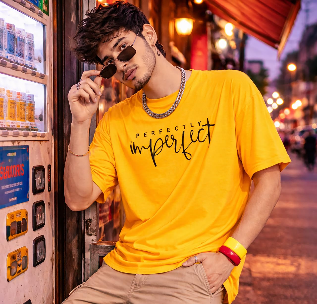 SnatchStyle men's oversized printed cotton blend T-shirt with multicolored London Hills design, round neck, half sleeves.