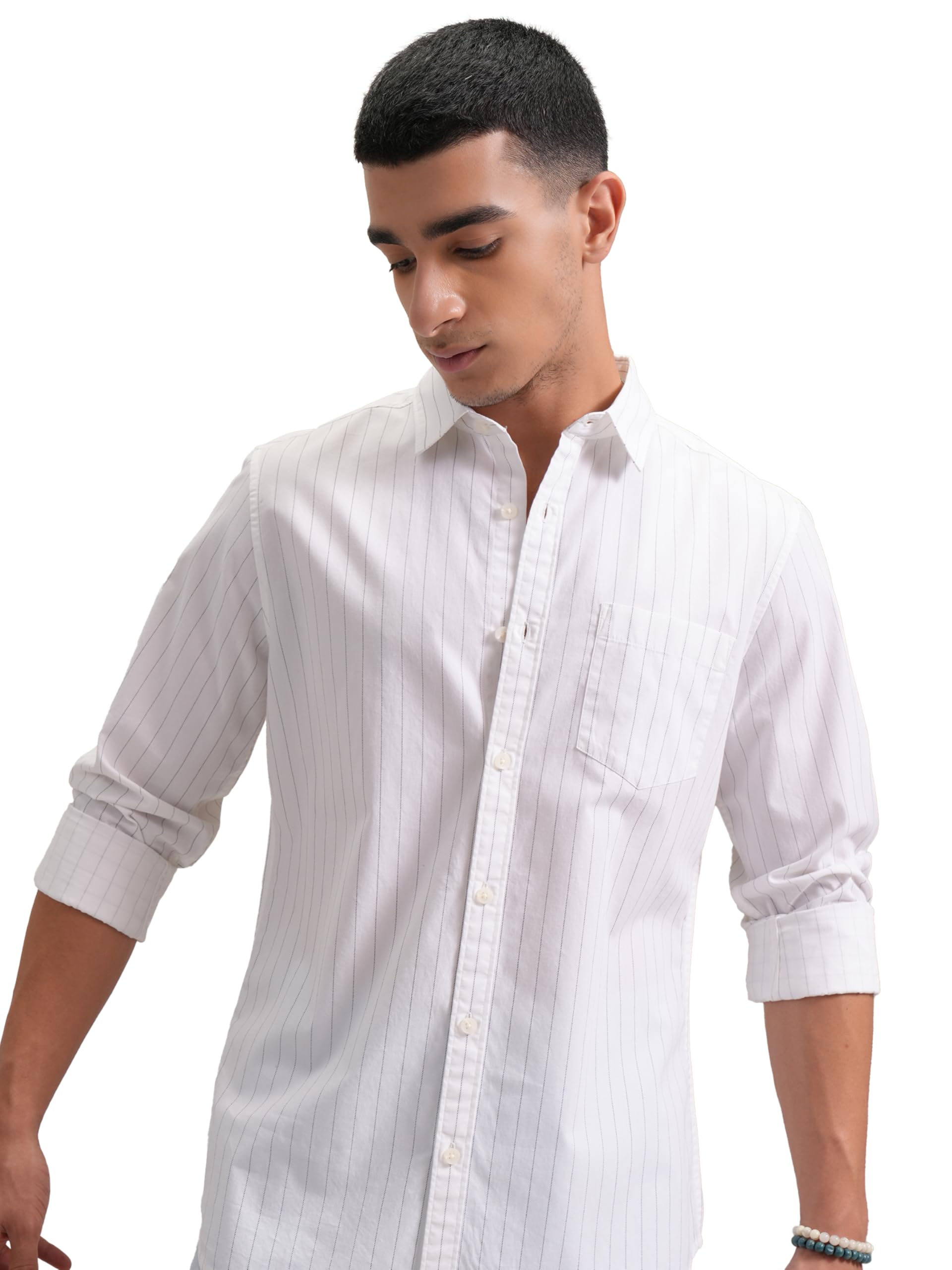 Highlander men's slim fit striped cotton shirt with full sleeves, stylish everyday wear by SnatchStyle, shown on a model.