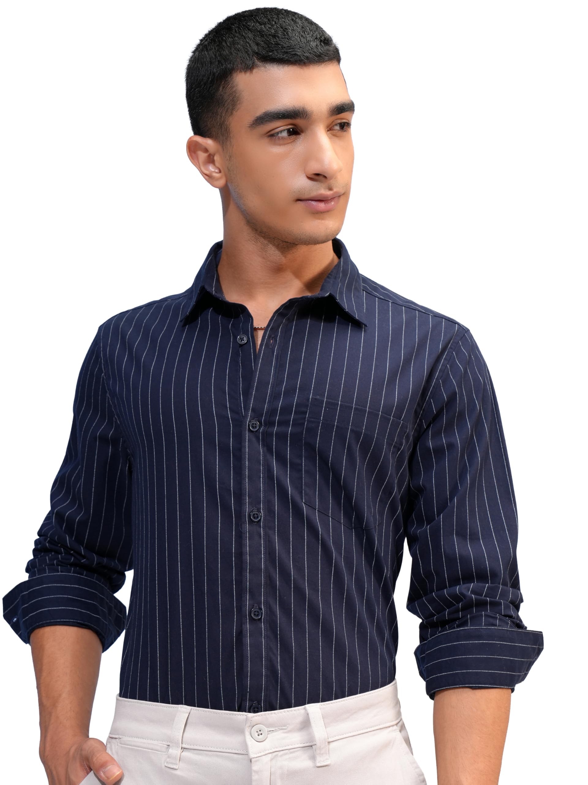 SnatchStyle Highlander men's slim fit striped cotton shirt with full sleeves, ideal for everyday stylish men's wear.