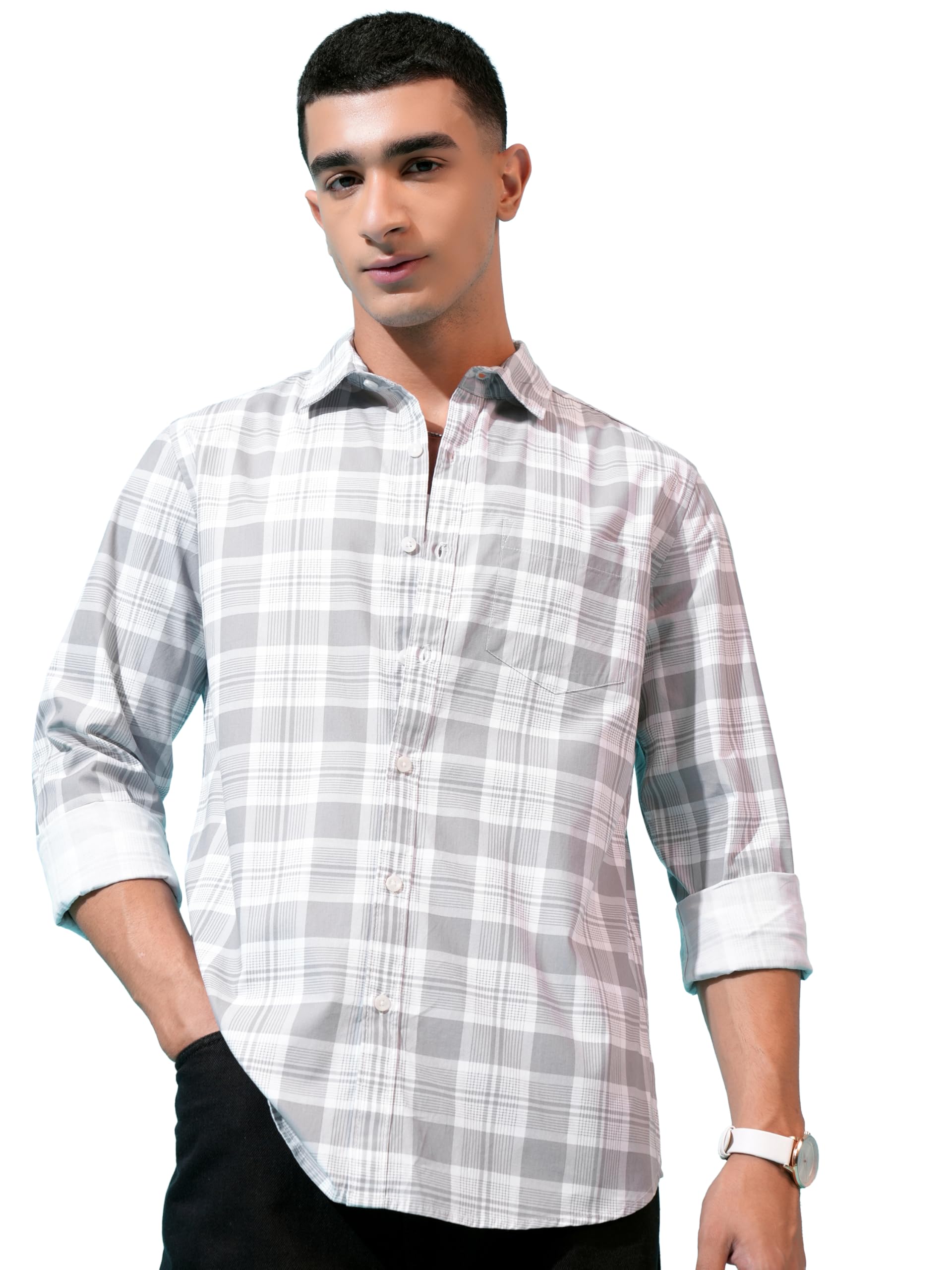 SnatchStyle Highlander men's cotton slim fit check shirt with full sleeves, regular collar, casual style, in a plaid pattern