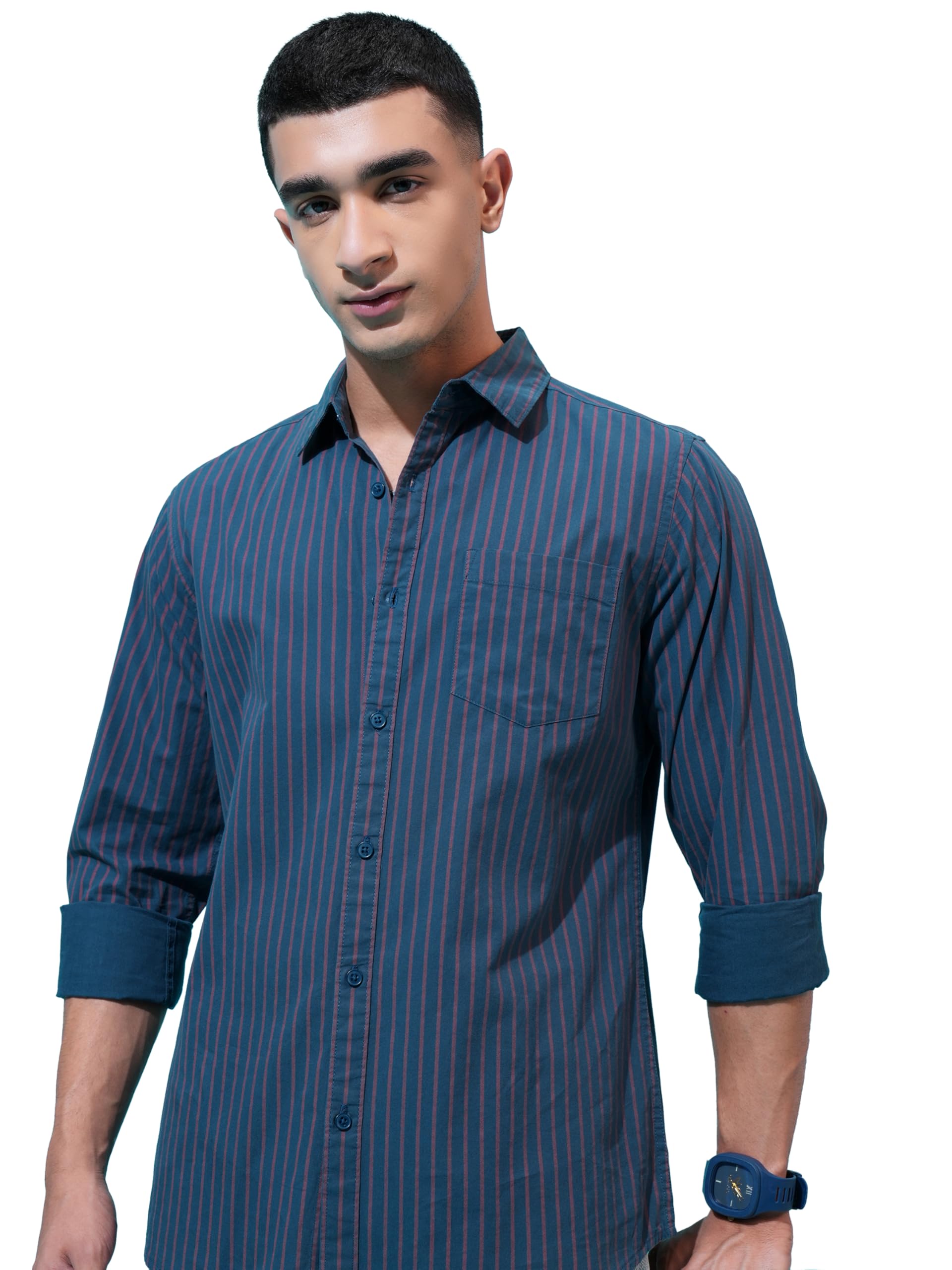 SnatchStyle Highlander men's slim fit striped shirt with full sleeves, perfect for everyday stylish wear and casual occasions.