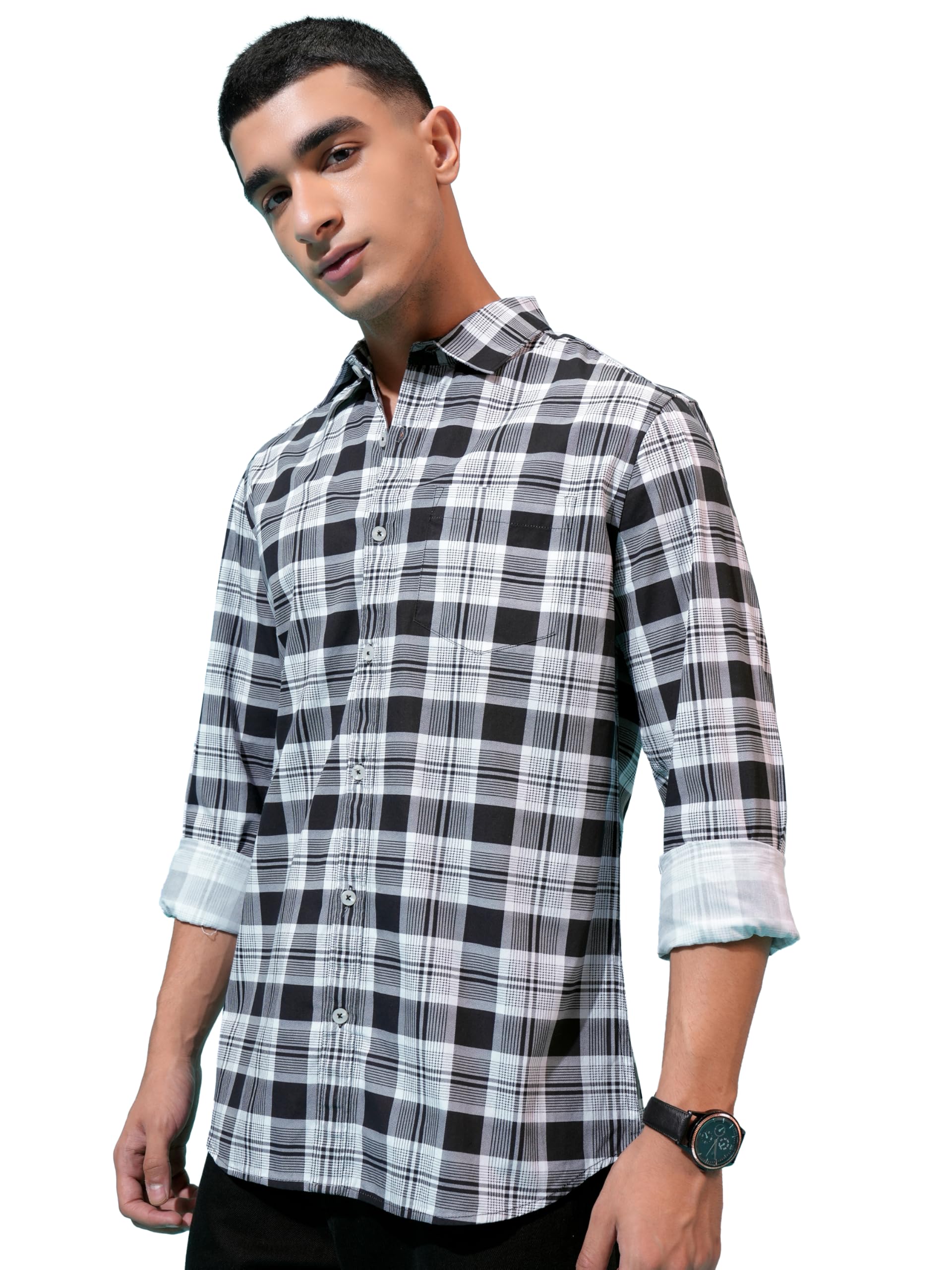 Highlander men's cotton check shirt with full sleeves, slim fit, regular collar, casual style, by SnatchStyle.