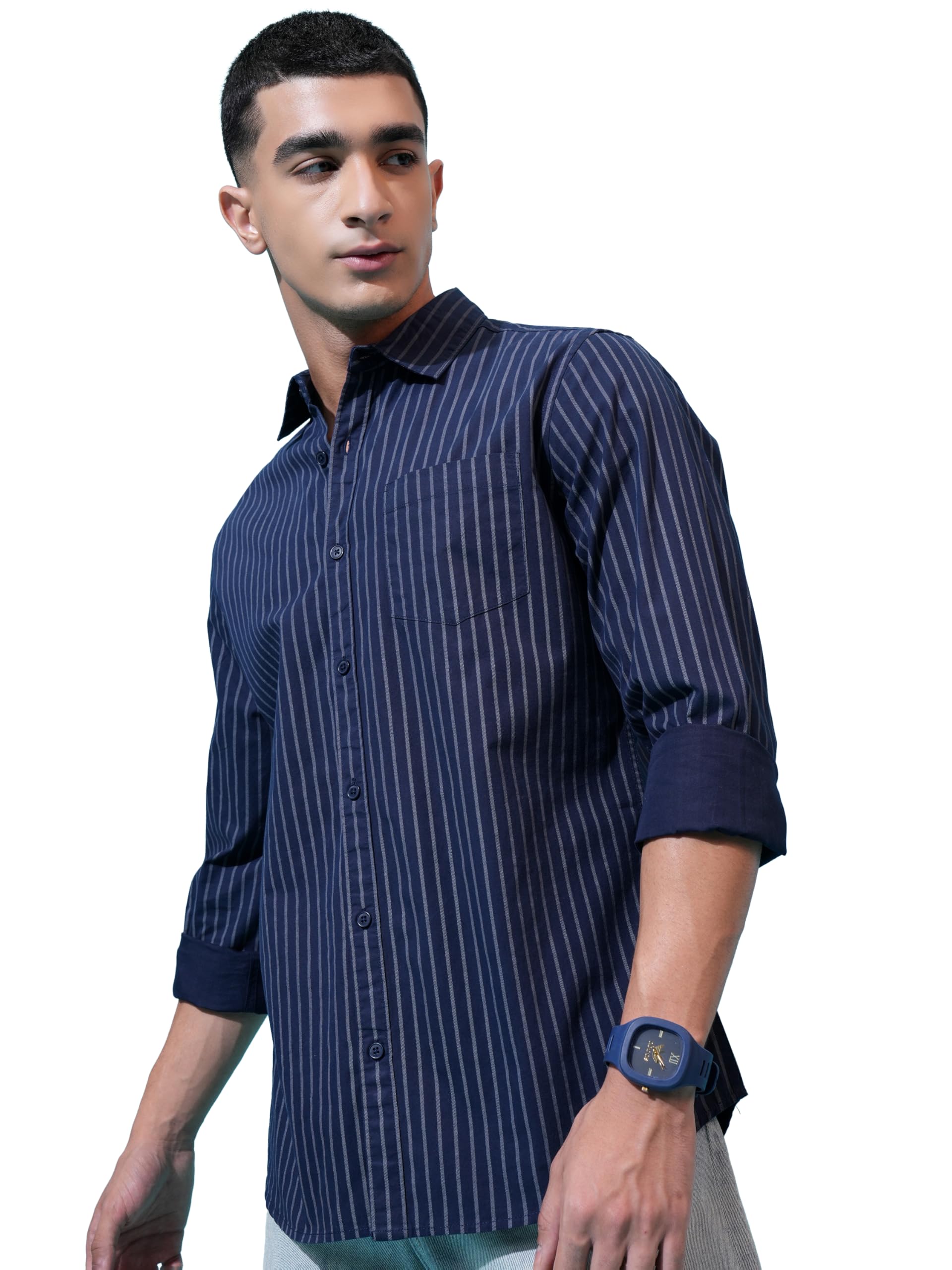 SnatchStyle Highlander men's slim fit striped shirt with full sleeves, ideal for stylish everyday wear and casual occasions.